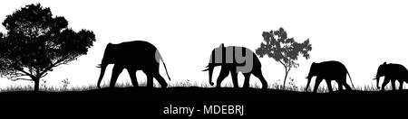 Elefanten Silhouette und Bäume in der Savanne auf weißem Hintergrund, Vector Illustration Stock Vektor