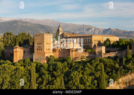 Die Alhambra und die Sierra Nevada vom Mirador de San Nicolas, Granada, Andalusien, Spanien, Europa Stockfoto