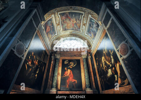 Zyklus der Gemälde von Michelangelo Merisi da Caravaggio in von 1599 bis 1600 über das Leben des Hl. Matthäus - die Berufung des Hl. Matthäus, die Inspiratio Stockfoto