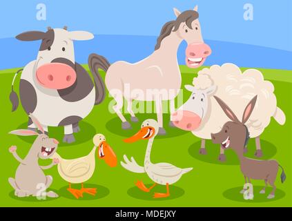 Cartoon-Illustration der Funny Farm Tiere Zeichen Gruppe Stock Vektor