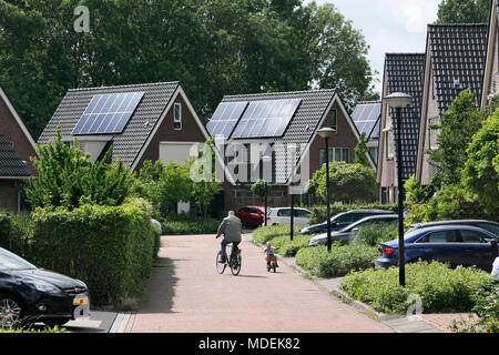 Niederländische Gehäuse mit solar Solarzellen auf den Dächern in Stad van de Zon (Stadt der Sonne), eine nachhaltige Vorort von Heerhugowaard, Nord Holland.
