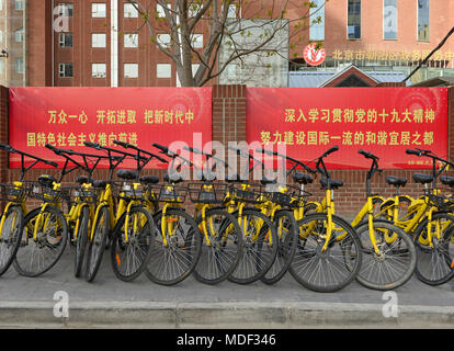 Eine Reihe von ofo Bike dockless Fahrräder auf einer Straße in Peking, China, geparkt, mit Plakaten Bewohner drängen die Initiativen der Partei aktiv zu unterstützen Stockfoto