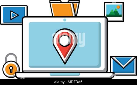 Laptop mit Zeiger Karte social media Icons Stock Vektor