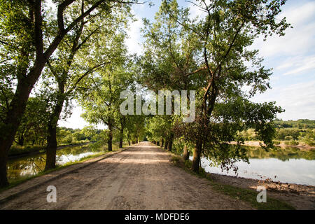 Village Road zwischen Seen und Bäume Stockfoto