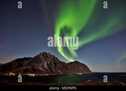 Nordlichter über Berge, Napp, Flakstad, Nordland, Norwegen Stockfoto