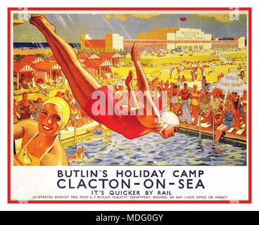 Jahrgang 1940's Holiday" schneller mit der Bahn 'poster Butlin's Holiday Camp Clacton-on-Sea Großbritannien von J. Greenup 1940 UK Stockfoto