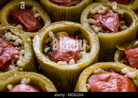 Türkische Zucchini gefüllt mit Reis und Fleisch/Kabak dolmasi. Traiditonal Essen. Stockfoto