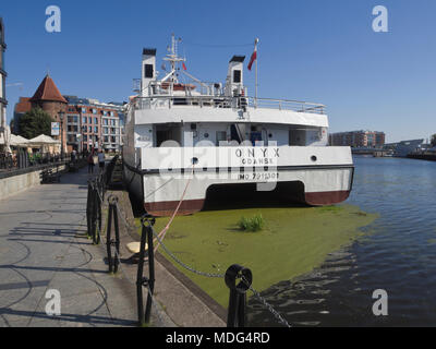 Der Katamaran Onyx im Hafen von Danzig Polen, einer von vielen Wildschweine übersetzende Touristen auf dem Fluss Mottlau und entlang der Ostseeküste Stockfoto