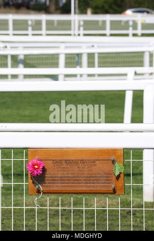 19 April, 2018 Epsom Downs, Surrey, UK Das Denkmal, auf Tattenham Ecke, zu Emily Wilding Davison, die SUFFRAGETTE, die vor dem Könige Pferd beim Derby im Jahr 1913 lief und für die Sache der Frauen, die in allgemeinen Wahlen in Großbritannien zu stimmen. Stockfoto