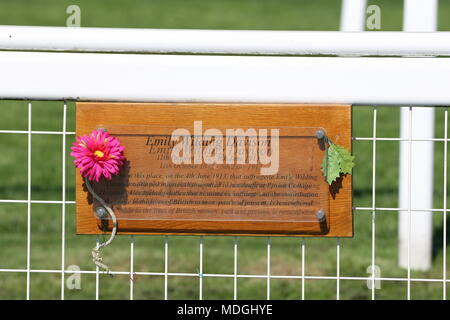 19 April, 2018 Epsom Downs, Surrey, UK Das Denkmal, auf Tattenham Ecke, zu Emily Wilding Davison, die SUFFRAGETTE, die vor dem Könige Pferd beim Derby im Jahr 1913 lief und für die Sache der Frauen, die in allgemeinen Wahlen in Großbritannien zu stimmen. Stockfoto