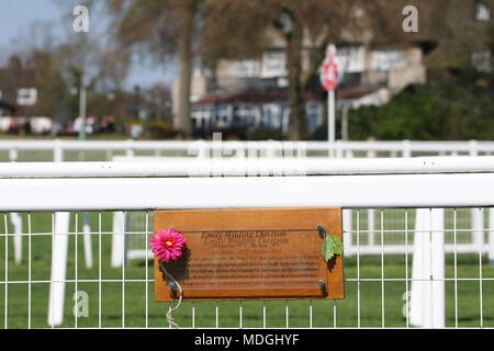 19 April, 2018 Epsom Downs, Surrey, UK Das Denkmal, auf Tattenham Ecke, zu Emily Wilding Davison, die SUFFRAGETTE, die vor dem Könige Pferd beim Derby im Jahr 1913 lief und für die Sache der Frauen, die in allgemeinen Wahlen in Großbritannien zu stimmen. Stockfoto