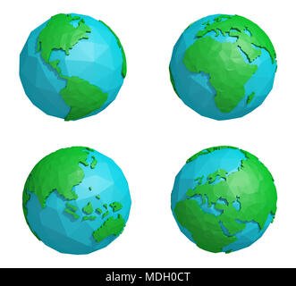 Set Low Poly Erde mit vier Kontinenten, polygonal Globussymbol, 3D-Rendering Stockfoto