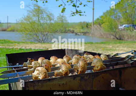 Marinierte champignons Vorbereitung auf einem Grill über Kohle. Champignons oder Shish Kebab populär in Osteuropa. (Shashlyk aufgespießt Fleisch) war Stockfoto