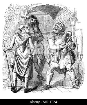 Zwei der Charaktere aus den Canterbury Tales, eine Sammlung von 24 Geschichten von Geoffrey Chaucer zwischen 1387 und 1400, als er für Zoll und für Justiz des Friedens geschrieben. Die Geschichten (meist in Versen, obwohl einige in Prosa sind), sind als Teil der Geschichte erzählt von einer Gruppe von Pilgern, als sie zusammen auf eine Reise von London nach Canterbury travel der Schrein des Heiligen Thomas Becket in der Kathedrale von Canterbury zu besichtigen. Die Abbildung zeigt die Miller, Manciple und Reve. Stockfoto