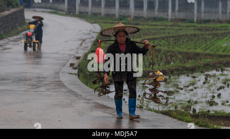 Langde, China - 27. März 2018: Miao Landwirte wieder nach Hause gehen in Langde Miao Dorf, Provinz Guizhou, China Stockfoto