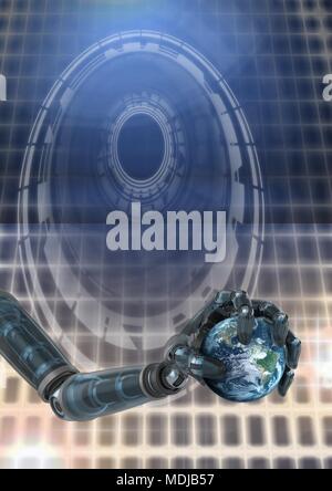Roboter android Hand und hält welt erde Glühende Kreis Technologie Schnittstelle Stockfoto