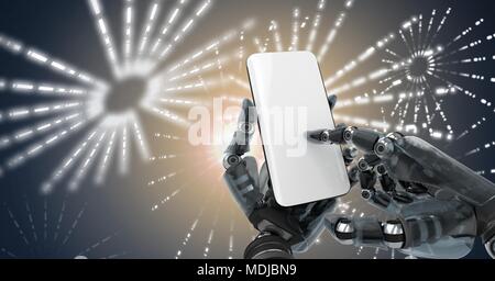 Roboter android Hand mit Telefon und glühenden Feuerwerk Kreis formen Stockfoto