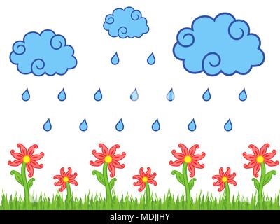 Tropfen Regen aus den Wolken fallen auf rote Wiese Blumen, kindliche Vector Illustration Stock Vektor