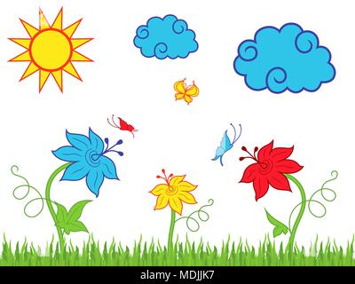 Sonne Wolken und Schmetterlinge über blühende Wiese im Frühjahr oder Sommer Tag, Cartoon kindisch Vector Illustration Stock Vektor