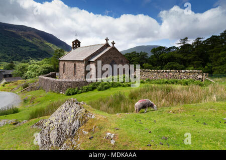 St James church Buttermere von einer Steinmauer umgeben. Der Lake District, Cumbria Großbritannien mit schafbeweidung im Vordergrund. Stockfoto