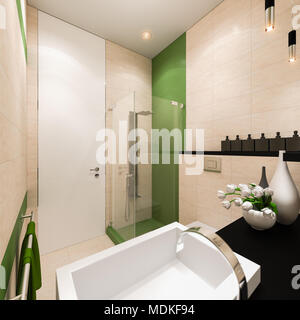 Ecke des modernen Beige-weiß gefliestes Badezimmer Stockfoto, Bild