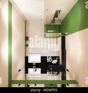 Interieur der Badezimmer in einem modernen architektonischen Stil. 3D-Rendering, 3D-Darstellung der Bad mit Dusche in der Ansicht von oben Stockfoto
