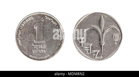 Münzen in Israel. Lilie Blume in der ISRAELISCHE NEUE SCHEKEL Münze. Isoliertes Objekt auf einem weißen Hintergrund. Stockfoto