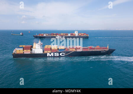 Zwei MSC (Mediterranean Shipping Company) Containerschiffe auf See. Stockfoto