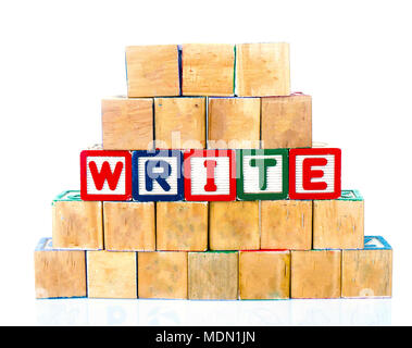 Die Worte "Schreiben" in bewaldeten Block geschrieben auf einen weißen Hintergrund mit Kopie Raum Stockfoto