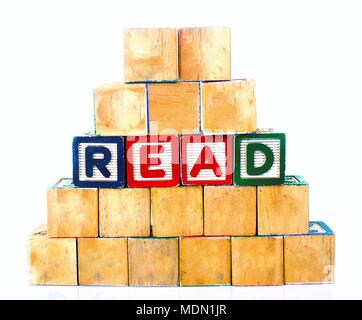 Die Worte 'READ' in bewaldeten Block auf einen weißen Hintergrund mit Kopie Raum geschrieben Stockfoto