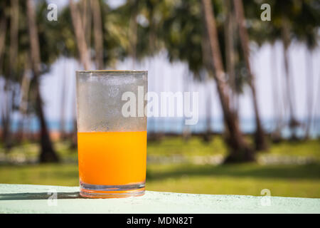 Glas orange, kalte Säfte an einem Strand Tabelle. wunderschönen tropischen Insel Landschaft. Auf dem Hintergrund der Palmenhain. Stockfoto