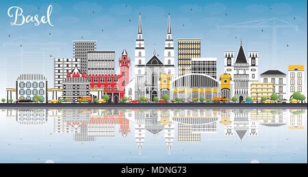 Basel, Schweiz die Skyline der Stadt mit Gebäuden, blauer Himmel und Reflexionen. Vector Illustration. Business Travel und Tourismus Konzept Stock Vektor