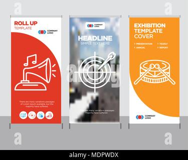 Drums modernen business Roll Up Banner Design vorlage, Dart kreative Poster stehen oder Broschüre Konzept, Gramphone Abdeckung Veröffentlichung Stock Vektor