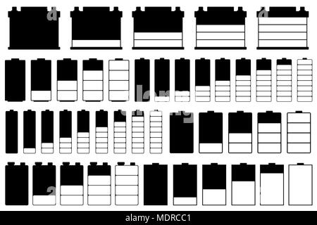 Satz von verschiedenen Batterien isoliert auf weißem Stockfoto