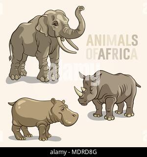 Vektorgrafiken der afrikanischen Tiere. Elefant, Nashorn, Nilpferd Stock Vektor