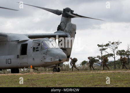 Marines mit Alpha Company, Bataillon Landung Team, 1.BATAILLON, 1 Marines, 31 Marine Expeditionary Unit, Board eine MV-22 B Osprey Kipprotor-flugzeug während einer Helo-borne-Raid während der Zertifizierung im Jungle Warfare Training Center, Okinawa, Japan, 18. April 2018. BLT 1/1, die Bodenkampf Element der 31 Marine Expeditionary Unit, betreibt Niederlassungen in Unterstützung der 31 MEU. Die 31. MEU und amphibische Squadron 11 Verhalten certex als die abschließende Bewertung in einer Reihe von Übungen, die die Bereitschaft zur Reaktion auf Krisen in der gesamten indopazifischen Region. (U Stockfoto