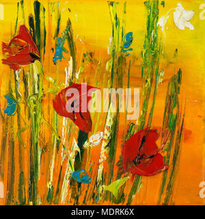 Original Ölgemälde von Schlafmohn (Papaver somniferum) und gelbes Feld auf Leinwand. Moderne Impressionismus Stockfoto