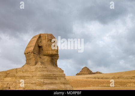 Große Sphinx Profil wih Pyramiden auf Hintergrund in Giza, Kairo, Ägypten. Reisen Hintergrund. Architektonisches Denkmal. Stockfoto