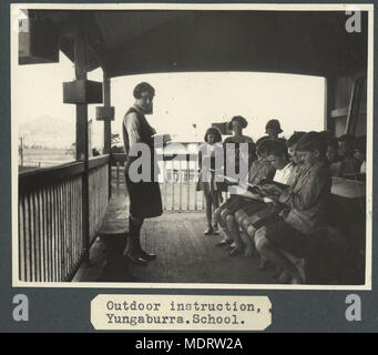 Klassen auf der Veranda in Yungaburra staatliche Schule, ca 1928. Lage: Yungaburra, Queensland Beschreibung: Nicht identifizierte weibliche Lehrer vor ihrer Klasse für Junge Schüler. Yungaburra ist in den Atherton Tablelands im Inland von Cairns an der Küste. Die Atherton Tablelands im allgemeinen milder ist als unten an der Küste rund um Cairns, mit sommerlichen Temperaturen um 28 Grad Celsius. Stockfoto