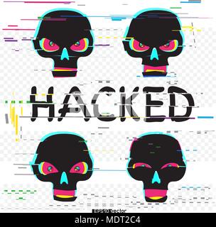 Glitch black hacker skulls set with hacked text on white transparent background. Skull laugh funny and angry different emotions collection. Computer c Stock Vektor