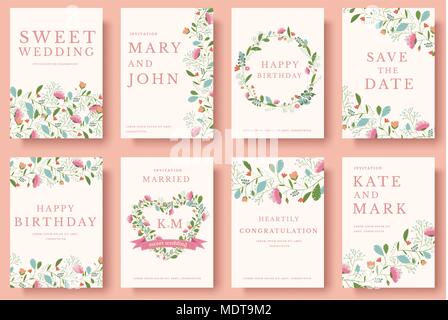 Satz von Blume Einladungskarten. Bunte Grüße hochzeit einladung Karte Abbildung. Hochzeit vektor design Konzept Stock Vektor