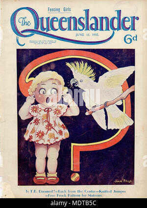 Illustriert die vordere Abdeckung von der Queenslander, 13. Juni 1935. Ort: Queensland, Australien Beschreibung: Dieses Bild zeigt einen Cartoon Bild eines Mädchens hören zu einem cocakatoo. Der Hintergrund mit einem Fragezeichen. Stockfoto
