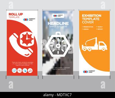 Kran-LKW moderne Business Roll Up Banner Design vorlage, Lokalisierung Ausrichtung Werkzeug der Kompass mit Himmelsrichtungen kreative Poster stehen oder Bro Stock Vektor