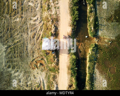 Antenne drone Ansicht TOPDOWN eines Lotus Bauernhof im ländlichen Kambodscha Landschaft Stockfoto