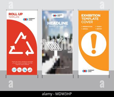 Ausrufezeichen modernen business Roll Up Banner Design vorlage, Solar Batterie kreative Poster stehen oder Broschüre Konzept, Dreieck Abdeckung Veröffentlichung Stock Vektor