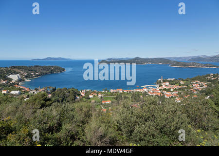 Blick auf die Insel Mljet, Šipan Insel und Ruda Insel (von links) von der Insel Lopud, Elephite Inseln, Dalmatien, Kroatien Stockfoto