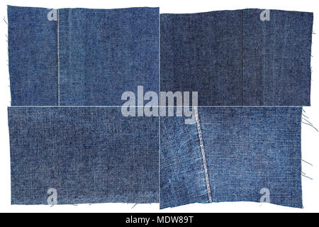 Sammlung von Dark Blue Jeans Stoff Texturen auf weißem Hintergrund. Grobe unebenen Kanten. Rechteckige zusammengesetzte Bild von jeans Texturen Stockfoto