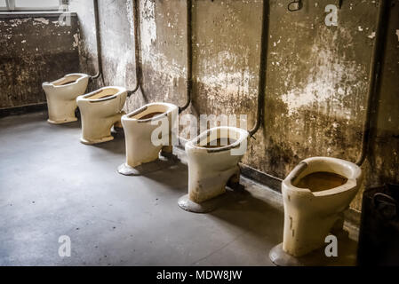 Oswiecim/Polen - 02.15.2018: WC-Schüsseln, Gefangene Badezimmer, latrine im KZ Auschwitz Museum Stockfoto