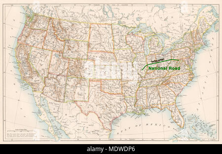 National Road Route auf einer 1870er Karte der USA. Digitale Illustration Stockfoto