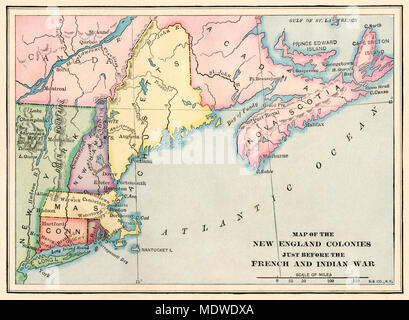 New England Kolonien vor dem Franzosen- und Indianerkrieg. Gedruckte farbige Lithographie Stockfoto